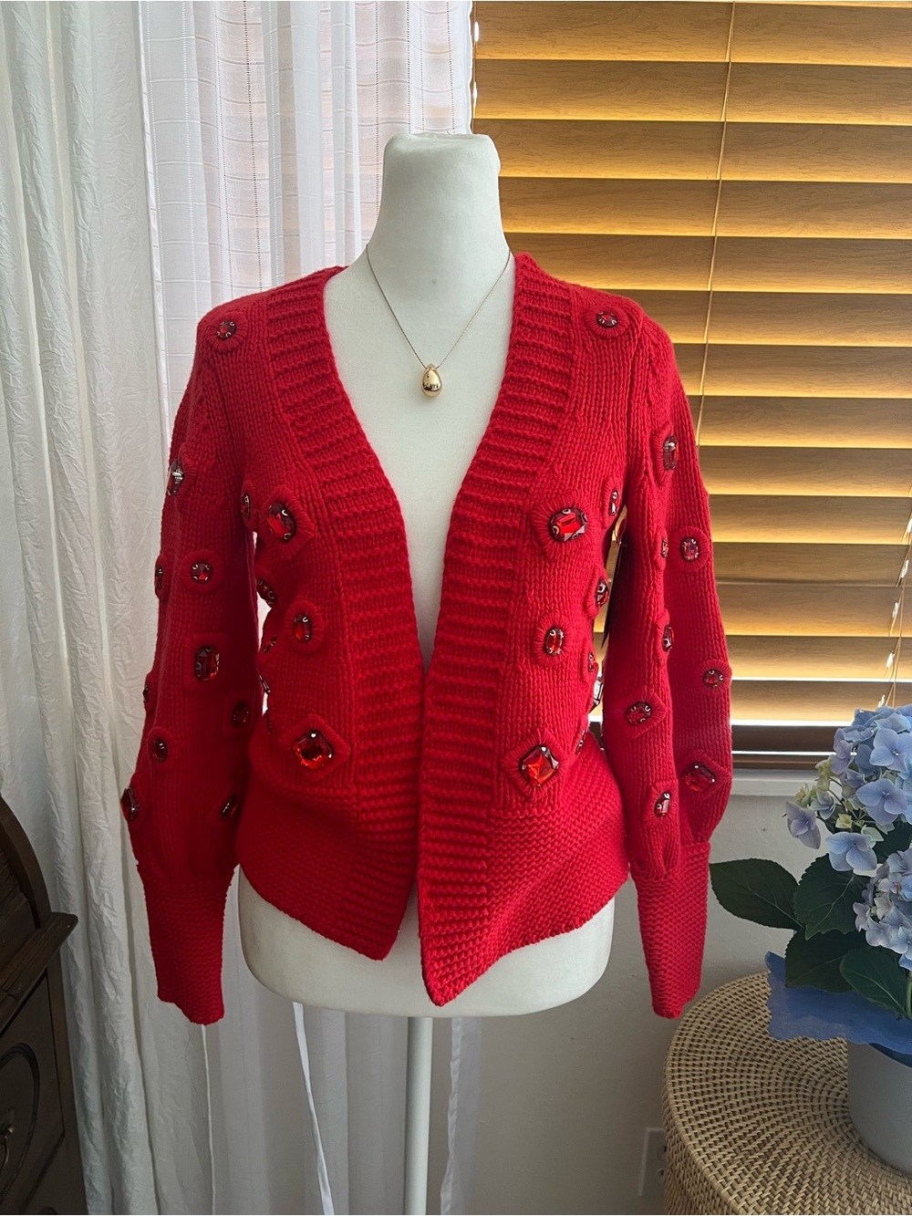 Boston Proper Red Jeweled V‑Neck Cardigan